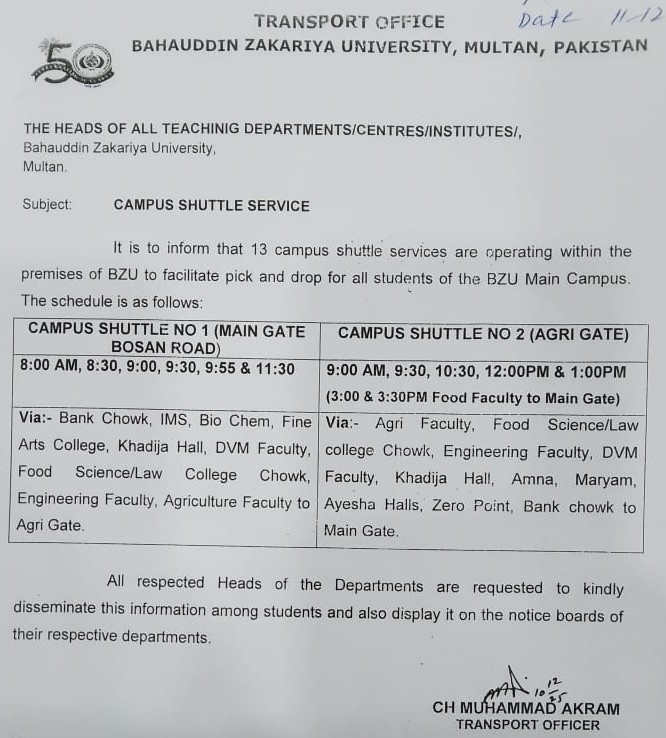 Campus Shuttle Services — Updated Pick & Drop Schedule - Bahauddin ...
